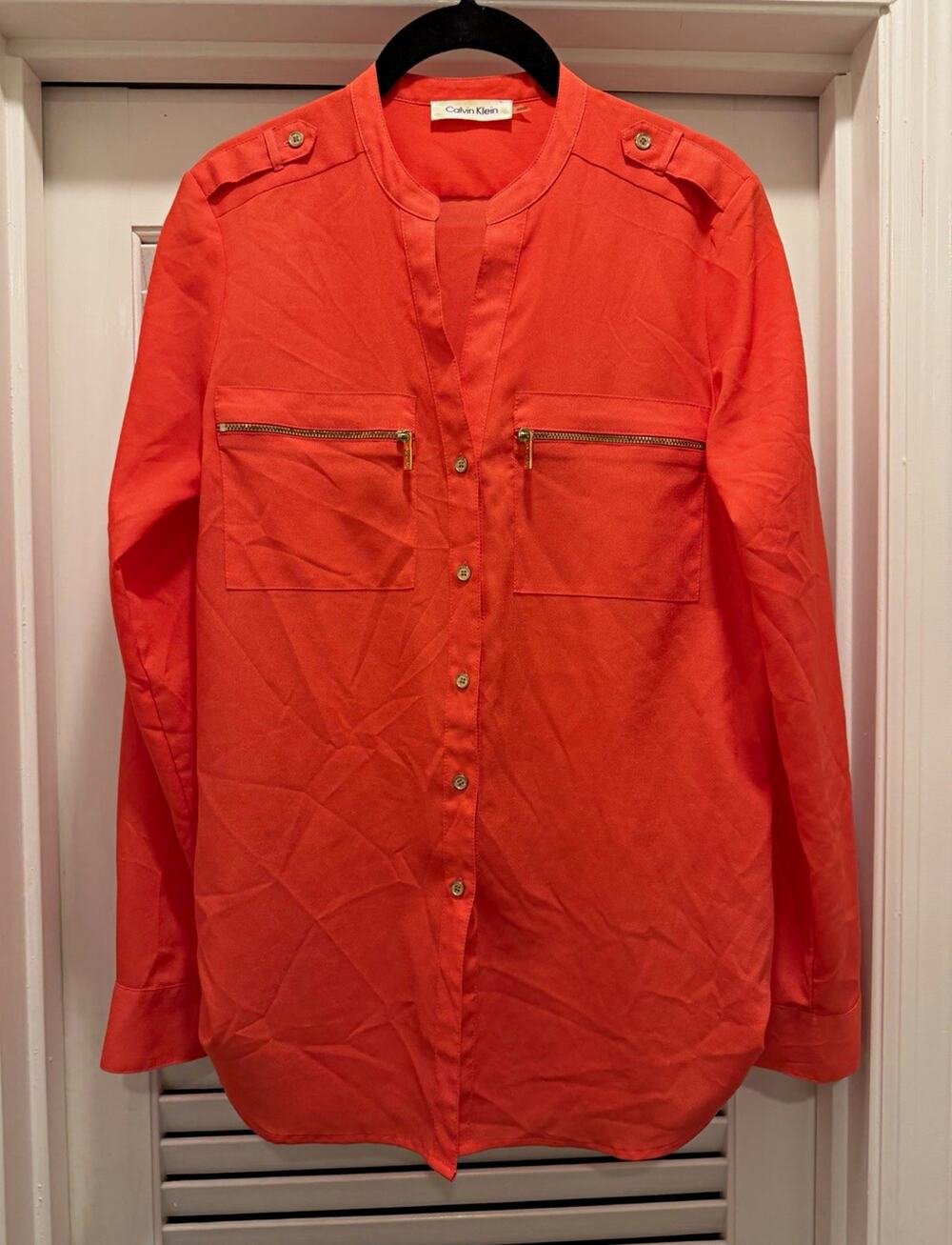 Calvin Klein Women’s Orange Solid Long Sleeve Button Front Blouse Zipper Pockets